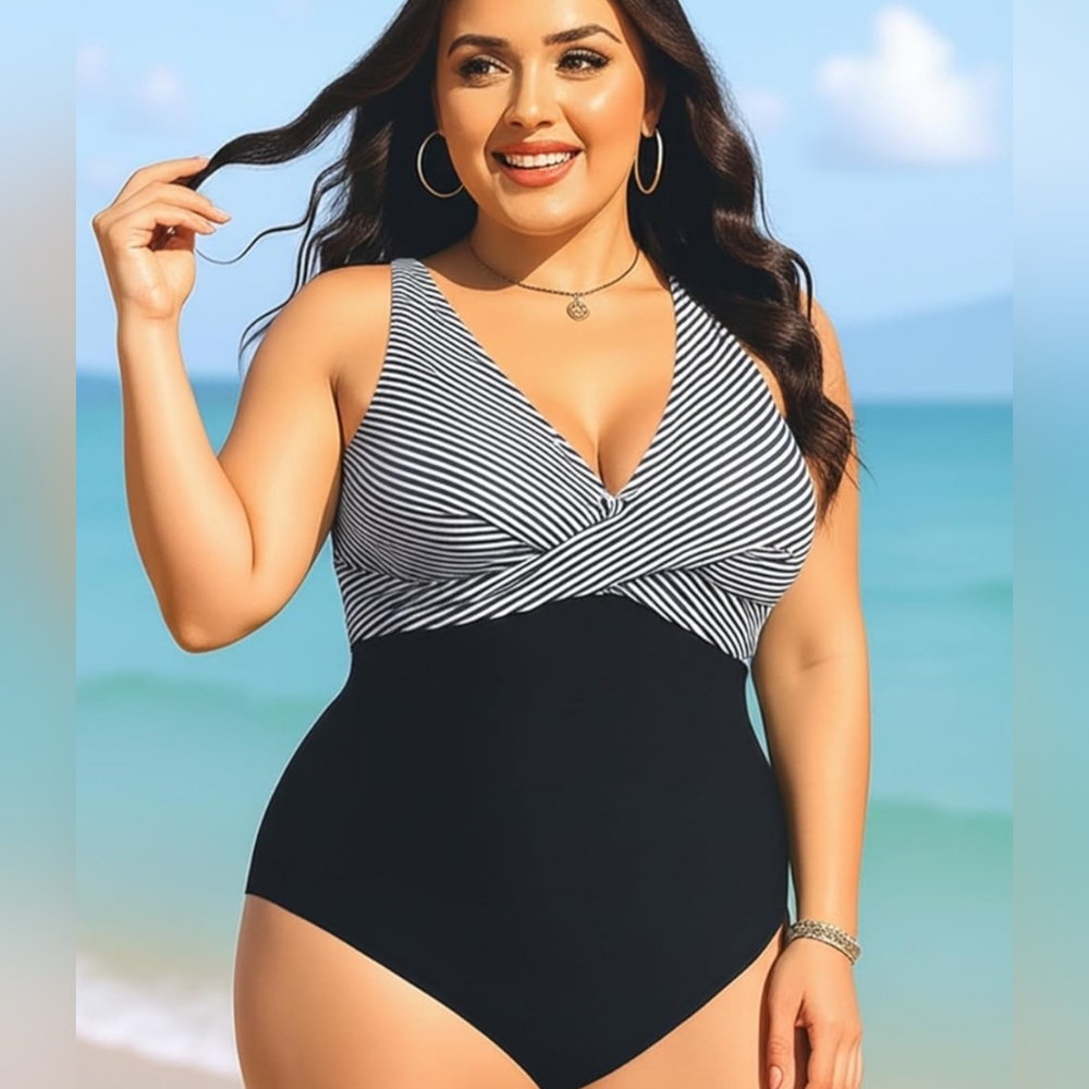 NWT. YONIQUE Striped Black and White Women's One-Piece Swimsuit